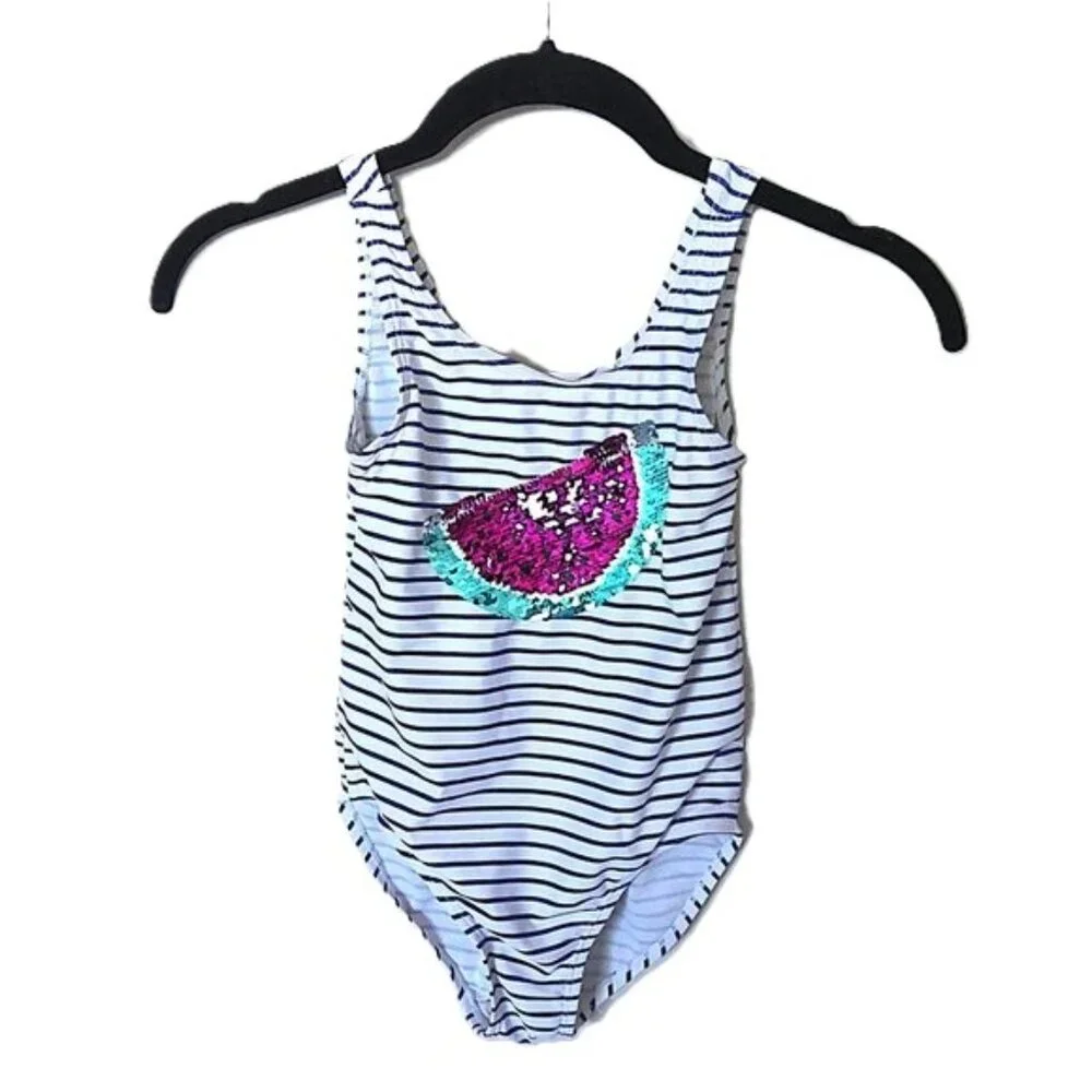 OshKosh B'gosh Girl's Bathing Suit Blue & White Stripe Sequin Watermelon 6 / 6X